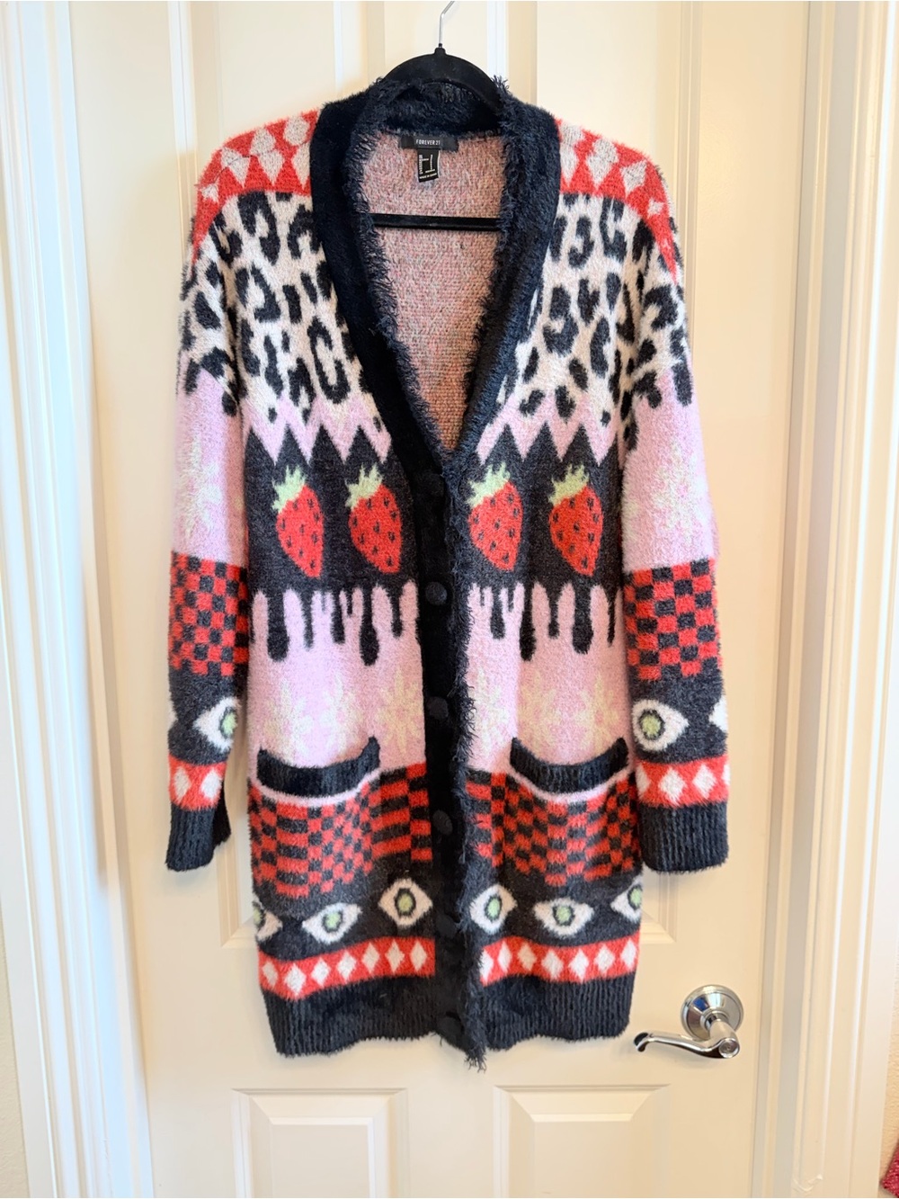 Forever 21 Mixed Print Longline Checker Strawberry Leopard Oversized Cardigan